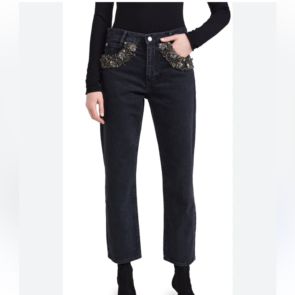 NWT Frame Denim Black High-Rise Jeans with Beaded Pocket Embellishments